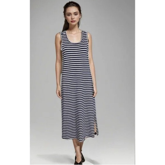 Toad & Co Blue Striped Sleeveless Organic Cotton Blend Midi Dress, size Medium - Picture 1 of 9